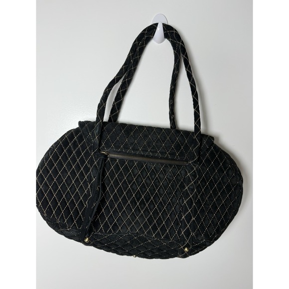 Eric Javits Quilted Black Velvet Tote Shoulder Bag Gold Stitching NYC - Picture 3 of 6